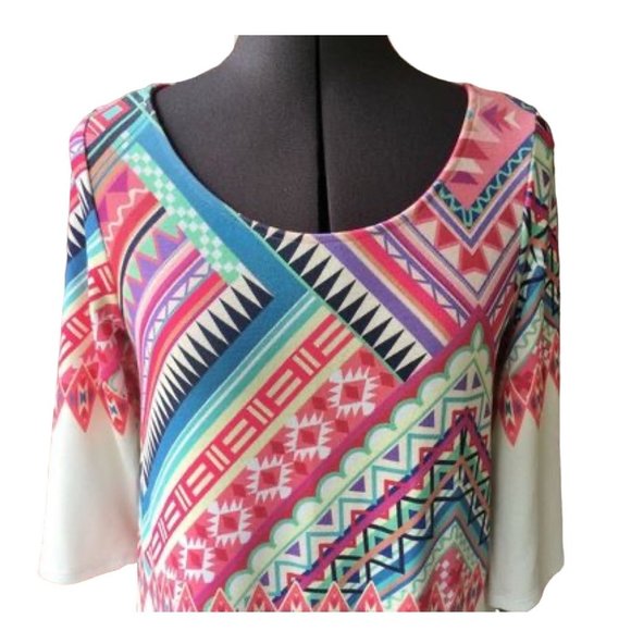 12PM by Mon Ami Dress White Multi-Color Tribal Print Scoop-Neck 3/4-Sleeve M - Picture 2 of 7